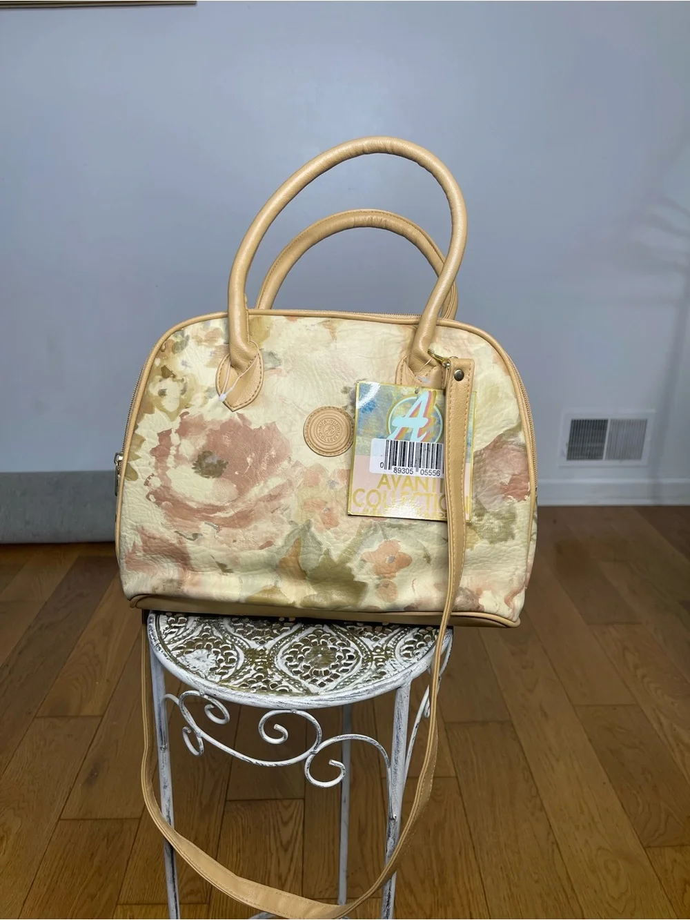 Vintage Beige Floral Satchel with Tan Trim